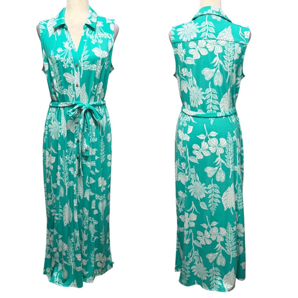 Talbots Maxi Shirtdress Womens L‎ Floral Tropical Sleeveless Belted Stretch Knit
